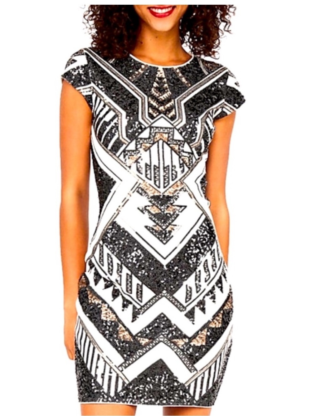 ✅ Express Black and White Geometric Sequin Mini Dress size M